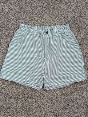 Womens Black & White Pinstripe Flat Front Shorts